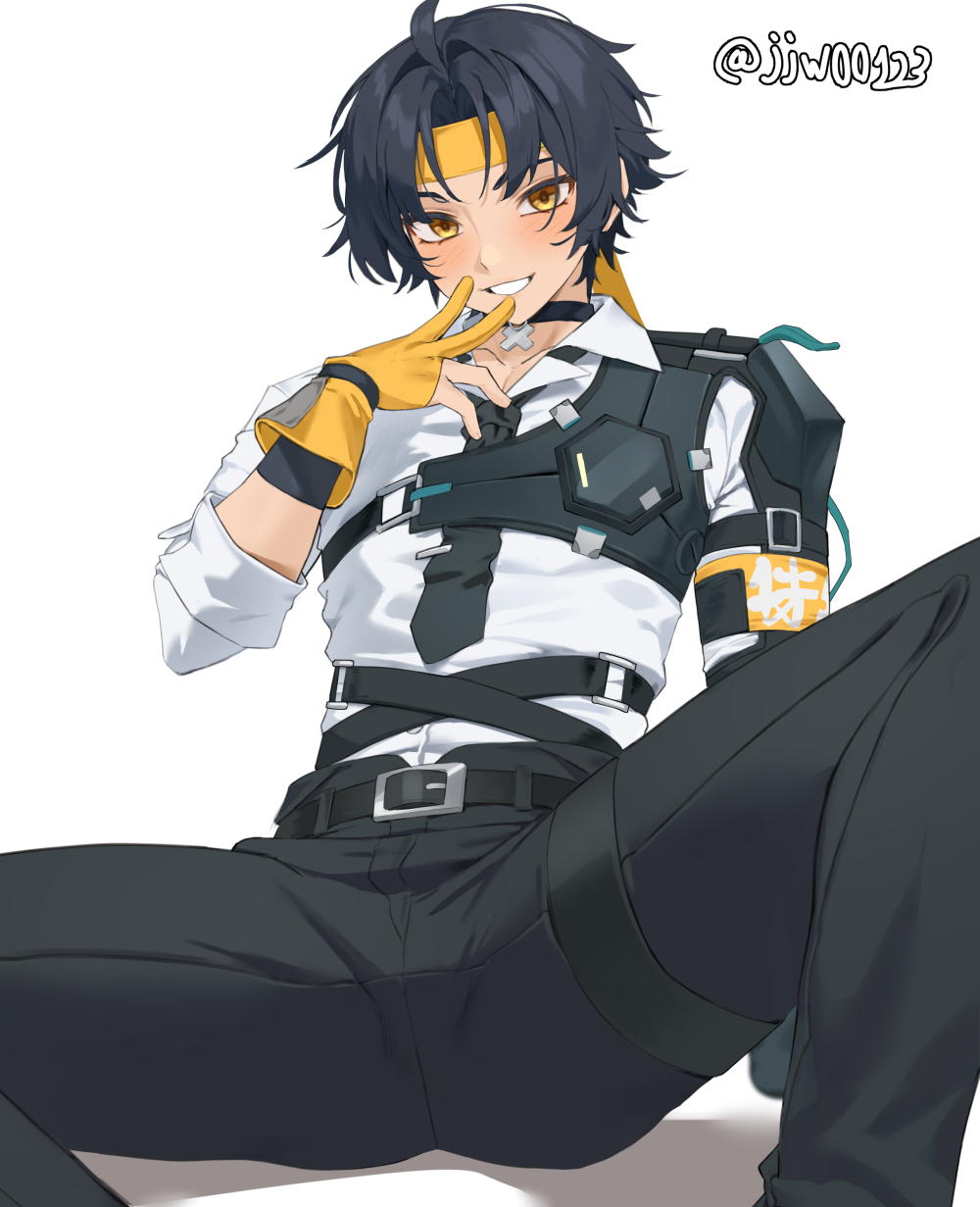 1boy armor artist_name asaba_harumasa belt black_belt black_hair black_necktie black_pants fingerless_gloves g1_(jjw00123) gloves hair_between_eyes headband highres male_focus necktie pants shirt short_hair shoulder_armor smile solo spread_legs teeth twitter_username white_background white_shirt yellow_eyes yellow_gloves yellow_headband zenless_zone_zero