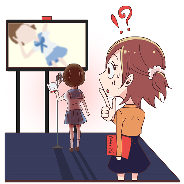 ! !? 10s 2girls ? commentary confused dress higuchi_(trigger) key_frame kill_la_kill mankanshoku_mako microphone multiple_girls official_art promotional_art ribbon sailor_dress school_uniform script simple_background studio_microphone suzaki_aya sweat sweatdrop television trigger_(company)