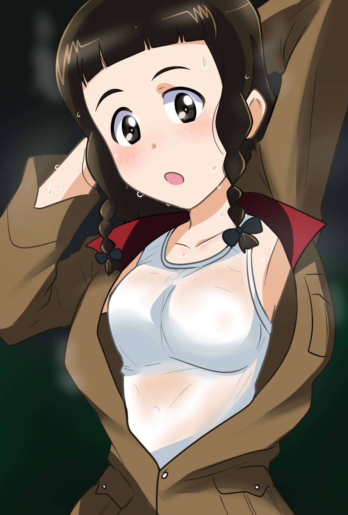 1girl arms_behind_head arms_up braid breasts brown_eyes brown_hair brown_jacket chi-hatan_military_uniform collar girls_und_panzer green_background highres jacket looking_at_viewer nagura_setsuko open_clothes open_jacket open_mouth red_collar shirt short_braid short_hair side_braids sweat tank_top twin_braids upper_body wakku_kan wet wet_clothes wet_shirt white_shirt white_tank_top white_undershirt