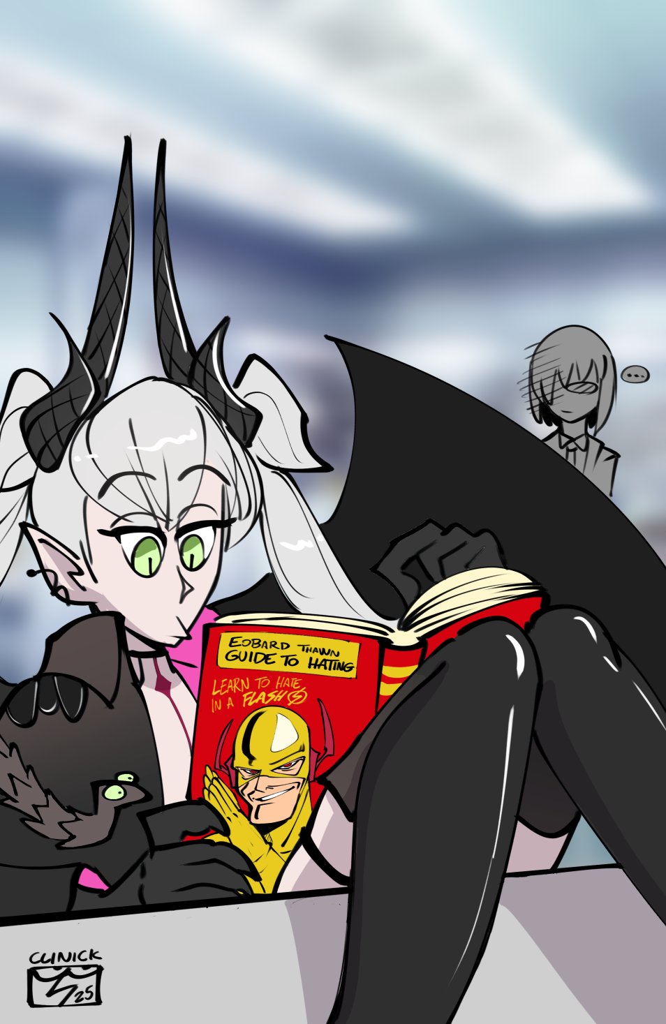 ... 1boy 2girls book boots clinickcase commission dc_comics demon_horns fate/grand_order fate_(series) green_eyes grey_hair highres horns lilith_(fate) lilith_(second_ascension)_(fate) mash_kyrielight multiple_girls red_eyes reverse_flash rubbing_hands_together signature snake tattoo thigh_boots twintails wings