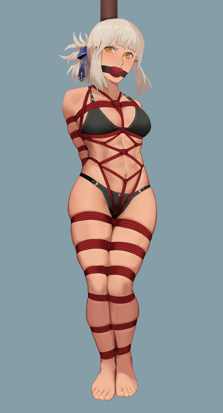 1girl abs arm_behind_back arms_behind_back barefoot bdsm bondage bound bound_legs bra breast_bondage breasts commission crotch_rope fate_(series) feet gag gagged highres looking_at_viewer medium_breasts medium_hair orange_eyes panties penthesilea_(fate) rainnear red_rope rope shibari shibari_over_clothes silver_hair solo standing underwear wiffle_gag