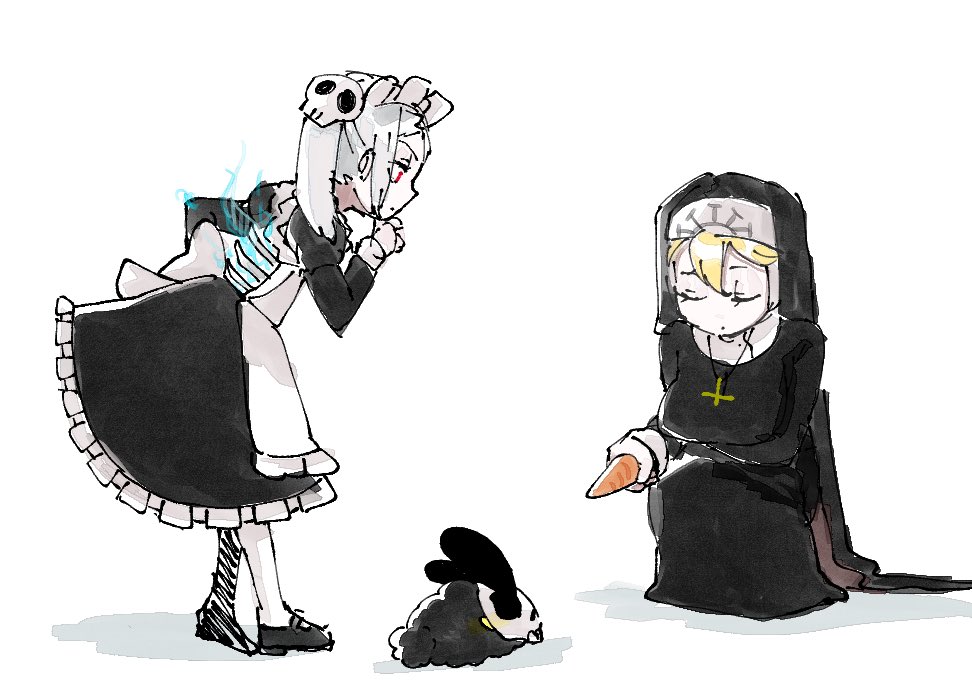 2girls apron blonde_hair bloody_marie_(skullgirls) carrot closed_eyes cross cross_necklace double_(skullgirls) dress dust_bunny_(skullgirls) food frilled_apron frilled_dress frills grey_hair hand_on_own_chin holding holding_food jewelry leaning_forward looking_down maid_headdress mary_janes multiple_girls necklace nun shimoya_k shoes skull skullgirls squatting twintails white_background