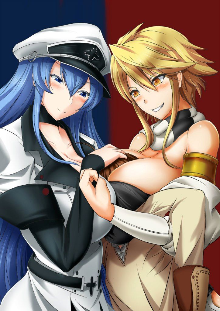 10s 1boy 2girls akame_ga_kill! asphyxiation blonde_hair blue_eyes blue_hair blush breast_smother breasts brown_hair cleavage esdeath face_to_breasts girl_sandwich hat huge_breasts leone_(akame_ga_kill!) long_hair multiple_breast_smother multiple_girls sandwiched smile smother standing tatsumi_(akame_ga_kill!) yellow_eyes
