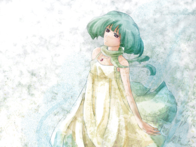 00s 1girl bad_id bad_pixiv_id be be_(beaker) beaker dress female_focus green_hair macross macross_frontier ranka_lee scarf solo