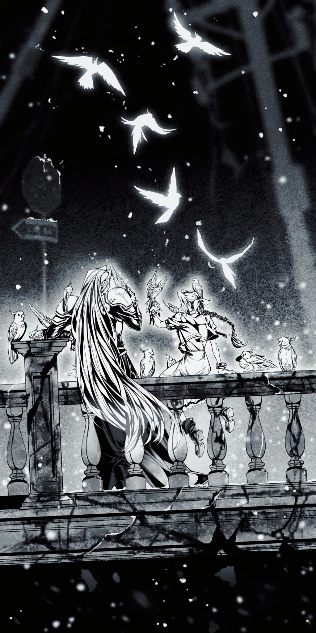 1boy 1girl aerith_gainsborough against_railing armor bangle black_coat black_gloves boots bracelet braid braided_ponytail coat cropped_jacket dress facing_away final_fantasy final_fantasy_vii final_fantasy_vii_rebirth final_fantasy_vii_remake flock from_behind gloves hair_ribbon highres jewelry long_coat long_dress long_sleeves parted_bangs pauldrons railing ribbon sephiroth short_sleeves shoulder_armor single_braid sitting snow snowing zdax20001212