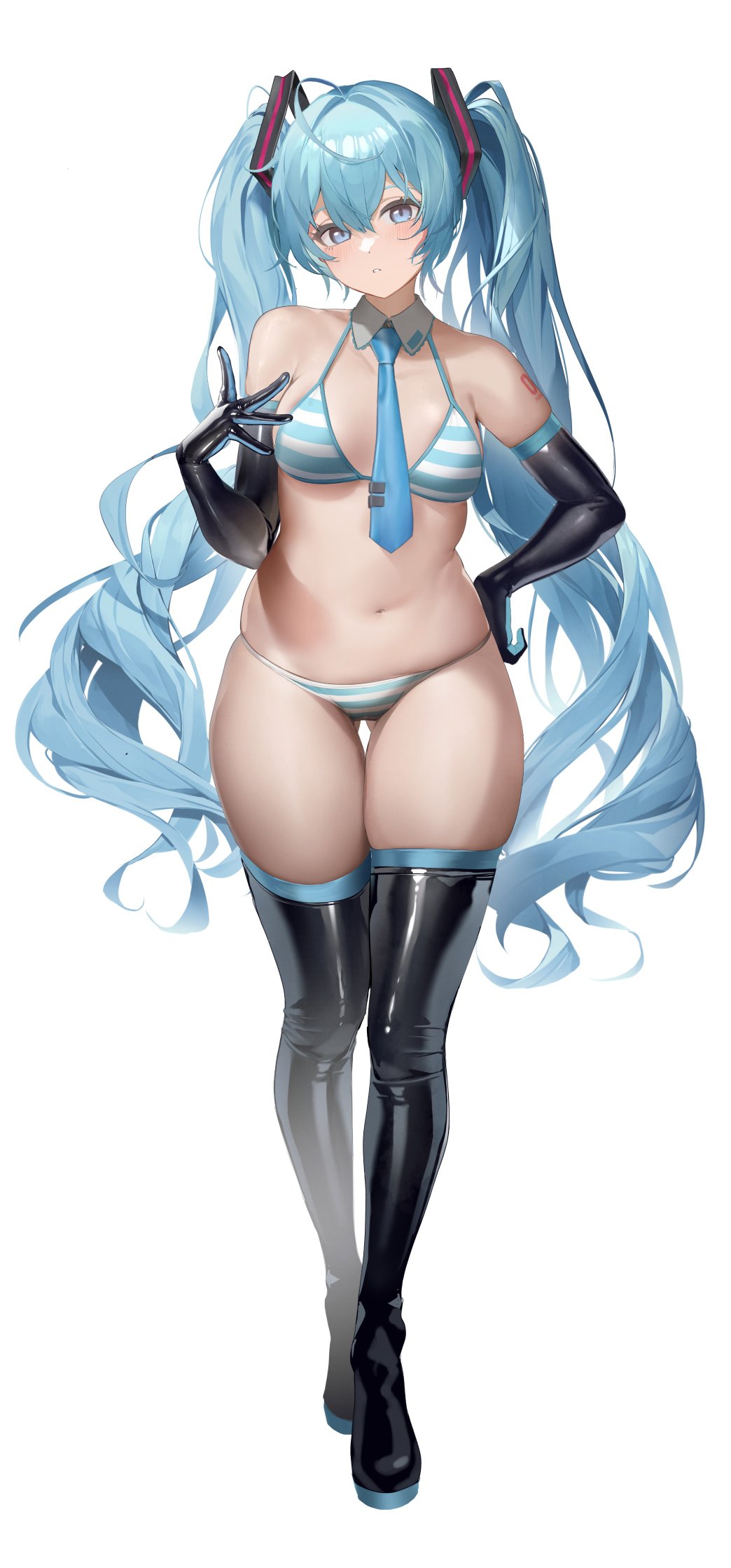 ahoge bikini black_boots black_gloves blue_eyes blue_hair blue_necktie blush body_markings boots breasts collarbone detached_collar elbow_gloves full_body gloves gluteal_fold hair_between_eyes hand_on_own_hip hand_up hatsune_miku head_tilt highres long_hair looking_at_viewer meme_attire miku_collar_bikini navel necktie nine_(kanine41) parted_lips small_breasts striped_bikini striped_clothes swimsuit thigh_boots twintails very_long_hair vocaloid white_background
