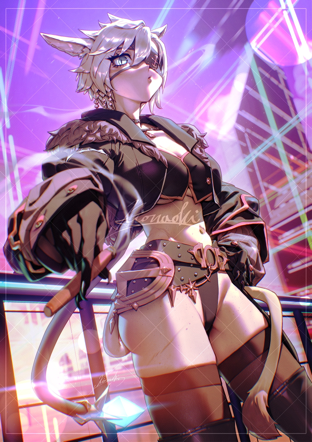 1girl animal_ears belt black_belt black_choker black_gloves black_thighhighs blue_eyes boots breasts cat_ears cat_tail choker cigar commission cropped_jacket eyepatch final_fantasy final_fantasy_xiv gloves hair_between_eyes highres holding holding_cigar kionaoki large_breasts looking_at_viewer miqo&#039;te navel short_hair solo tail thighhighs thighhighs_under_boots underboob warrior_of_light_(ff14) watermark watermark_grid white_hair