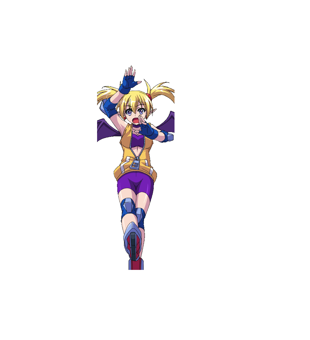1girl akaga_hirotaka animated animated_gif arcana_heart ass blonde_hair blue_eyes blush demon_girl demon_wings earrings fangs female_focus fingerless_gloves gloves jewelry lilica_felchenerow long_hair lying one_eye_closed pain pointy_ears shiny_skin short_twintails solo spandex twintails wings wink zipper