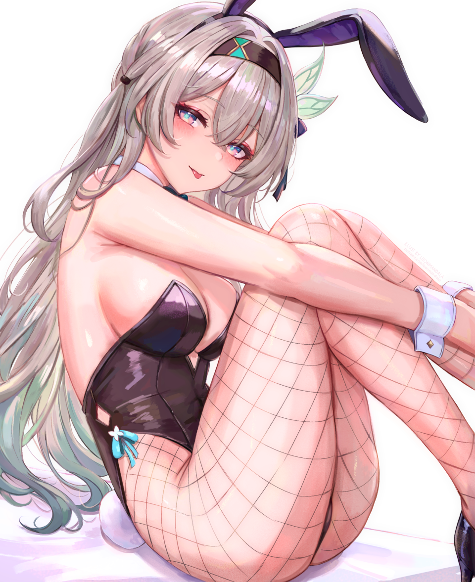 1girl :p alternate_costume animal_ear_hairband animal_ears bare_shoulders black_hairband black_leotard black_shoes blush breasts fake_animal_ears firefly_(honkai:_star_rail) fishnet_pantyhose fishnets from_side gradient_hair green_hair green_pupils grey_hair hairband honkai:_star_rail honkai_(series) knees_up large_breasts leonmandala leotard long_hair looking_at_viewer multicolored_hair pantyhose playboy_bunny rabbit_ear_hairband rabbit_ears revision shoes sitting solo strapless strapless_leotard tongue tongue_out white_wrist_cuffs wrist_cuffs