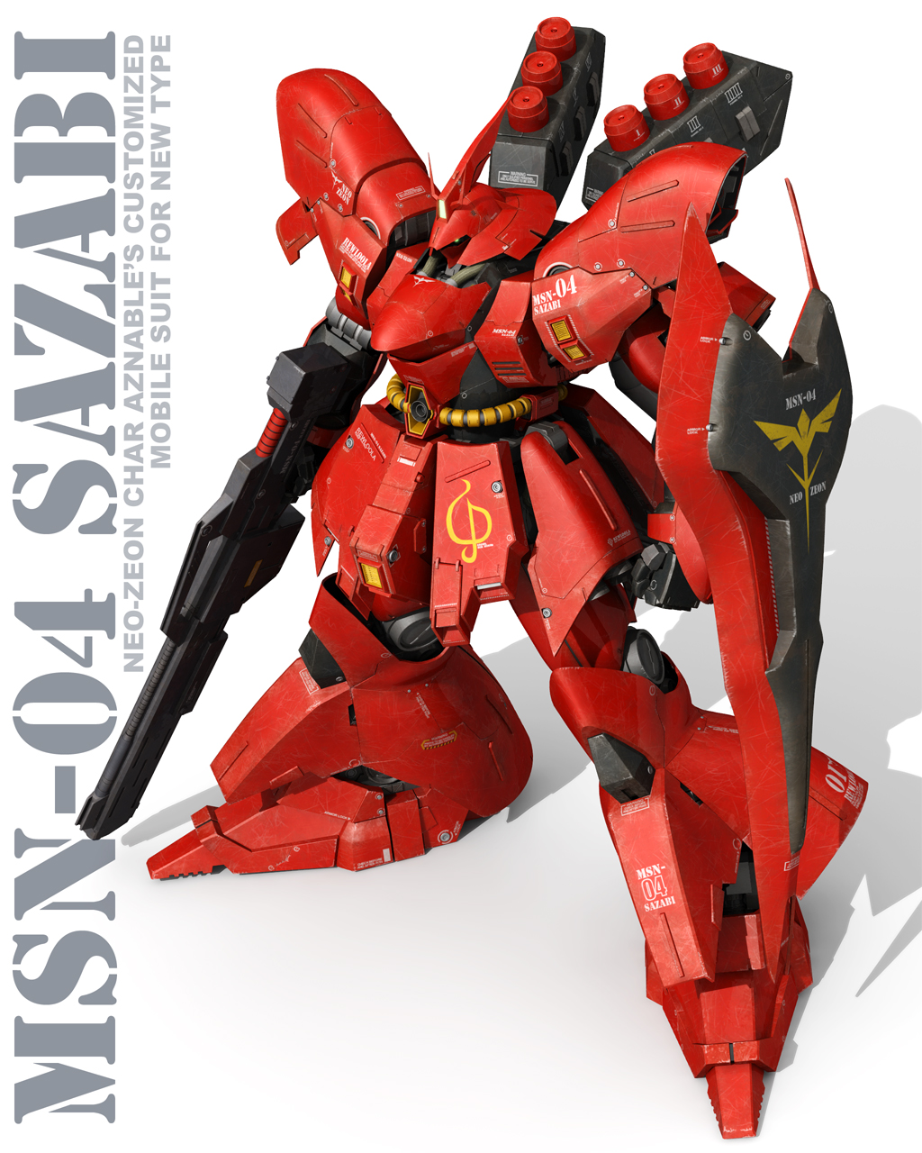 3d beam_rifle char&#039;s_counterattack character_name commentary_request energy_gun english_text gundam highres machinery mecha mecha_focus neo_zeon realistic robot roundel sazabi science_fiction shadow shield tomholy weapon white_background