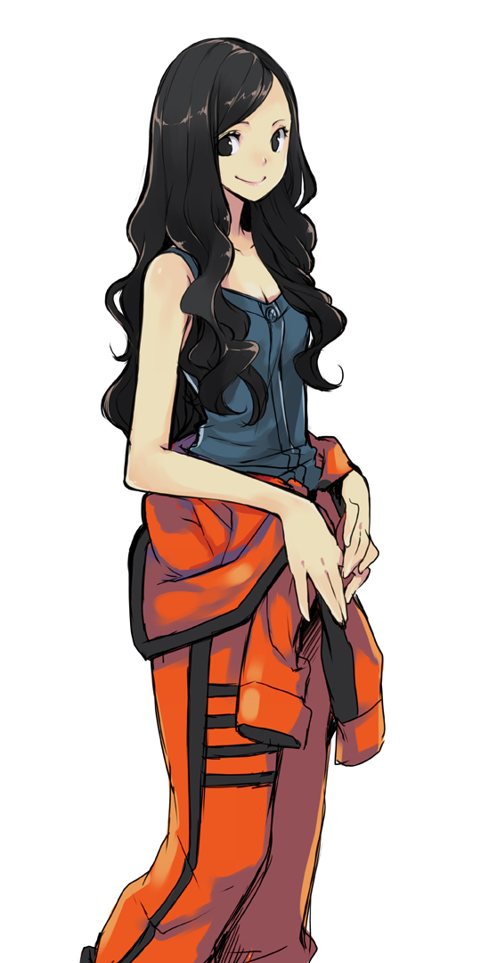 1girl bare_shoulders black_eyes black_hair chiko_(mizuho) clothes_around_waist female_focus jacket jacket_around_waist joujima_yuuki kamen_rider kamen_rider_fourze_(series) long_image solo tall_image wavy_hair