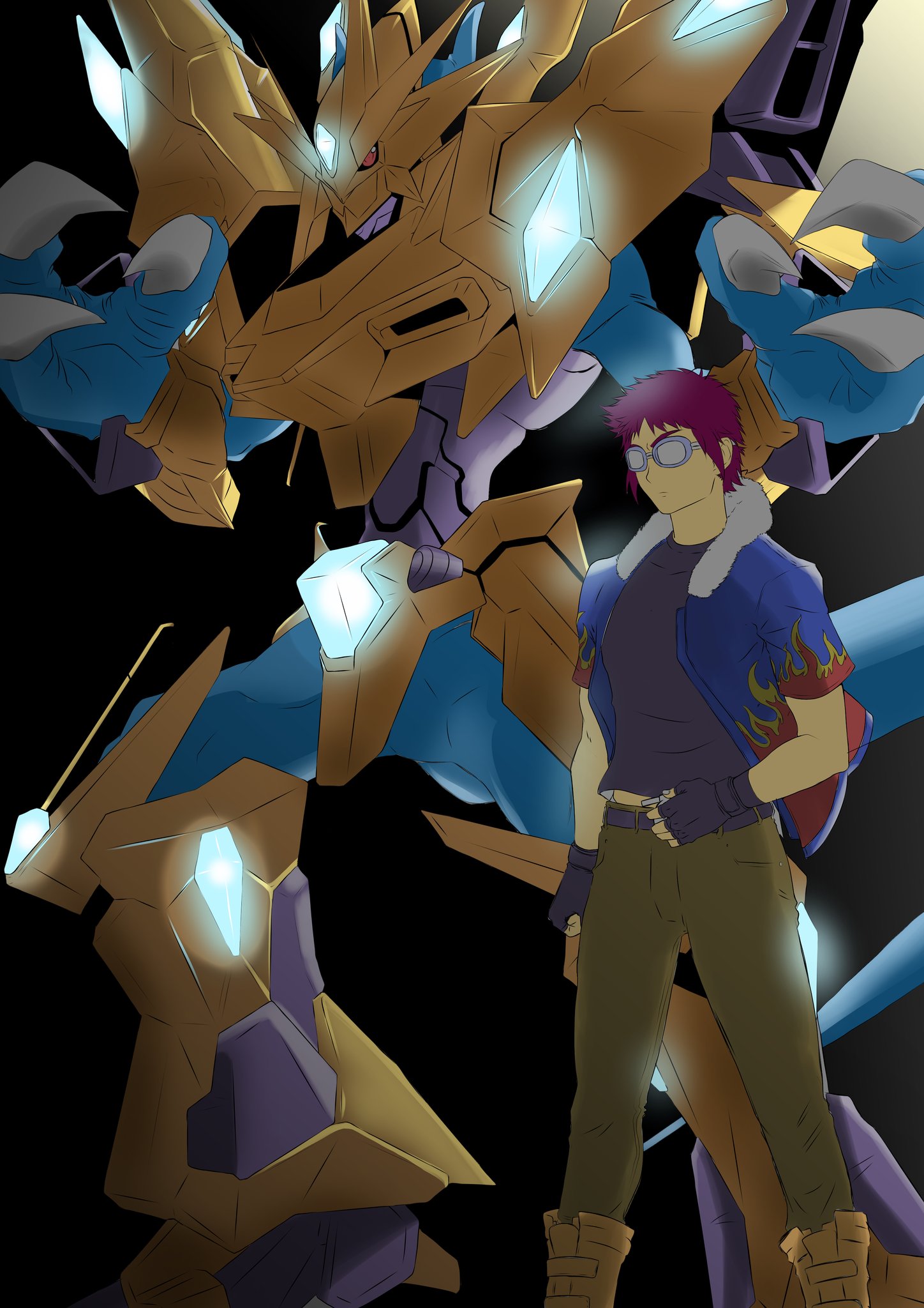 2boys armor belt boots digimon digimon_(creature) glasses highres magnamon magnamon_x-antibody motomiya_daisuke multiple_boys