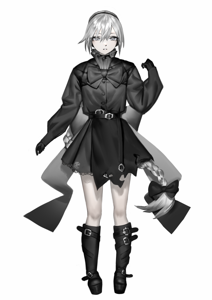 1girl alternate_costume back_bow belt belt_buckle black_belt black_boots black_bow black_bowtie black_dress black_gloves boots bow bowtie braid braided_ponytail buckle dress full_body gloves grey_eyes grey_hair hair_bow hand_up high_collar knee_boots long_hair long_sleeves looking_at_viewer mi8pq pale_skin platform_boots platform_footwear sekka_yufu short_dress simple_background solo standing utau very_long_hair