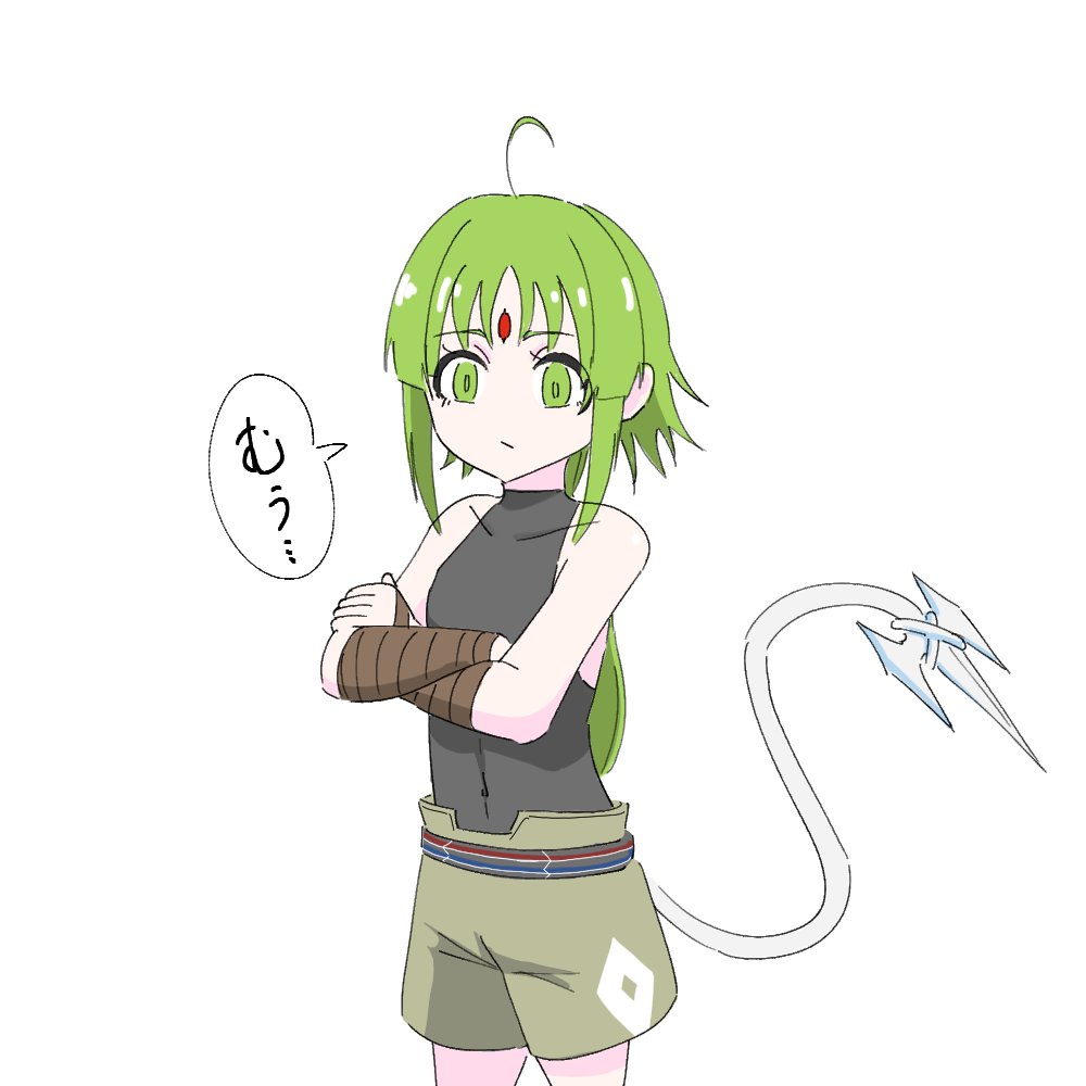 1girl ahoge arm_wrap bone_tail closed_mouth forehead_jewel green_eyes green_hair luicelia_superdia mushoku_tensei ponytail shorts solo speech_bubble timushokutensei