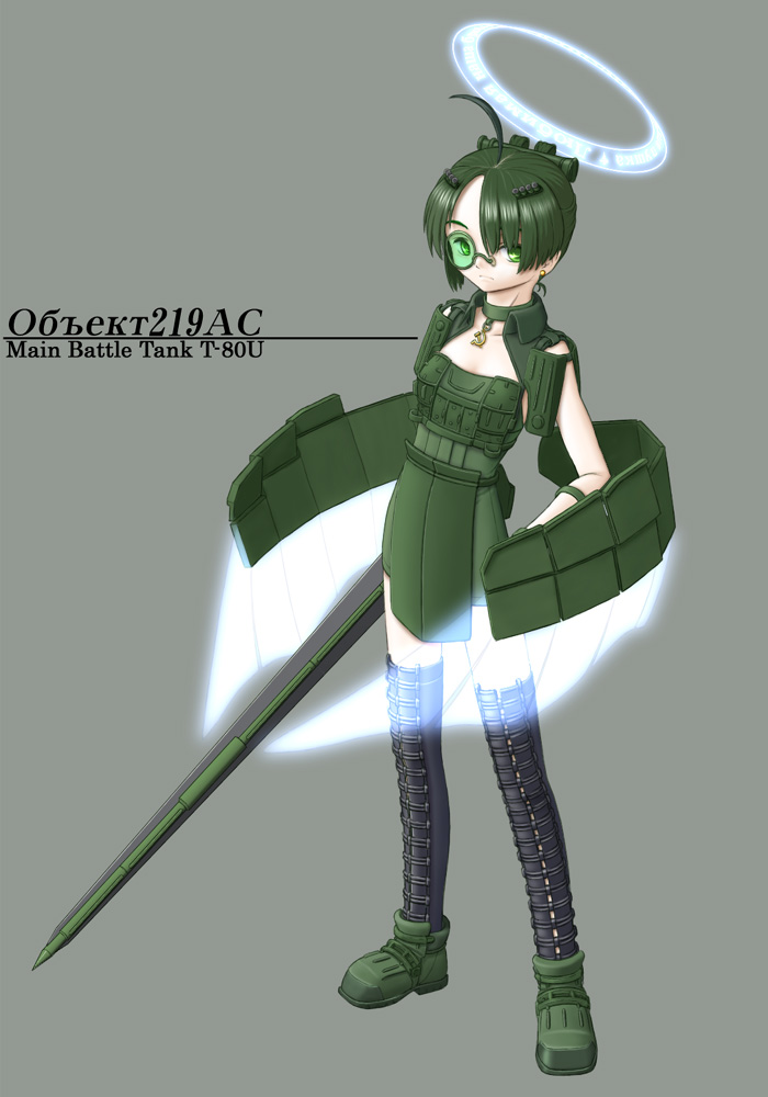 1girl ahoge female_focus green_eyes halo mecha_musume military military_vehicle monocle motor_vehicle original polearm russia short_hair solo soviet spear standing t-80 tank thighhighs vehicle weapon world_war_ii