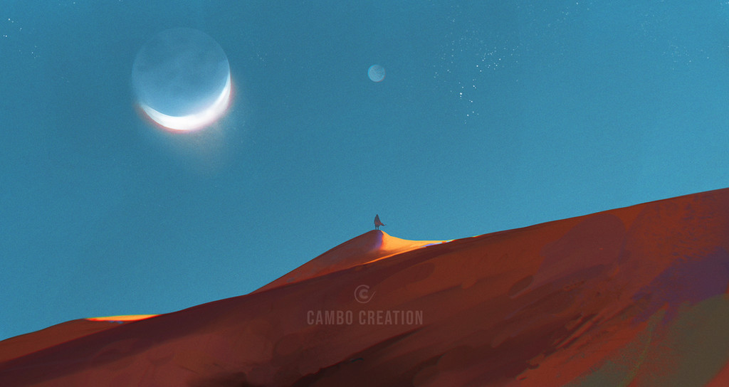 blue_sky cambocreation desert eclipse full_moon landscape moon original painterly planet sand_dune scenery science_fiction sky watermark