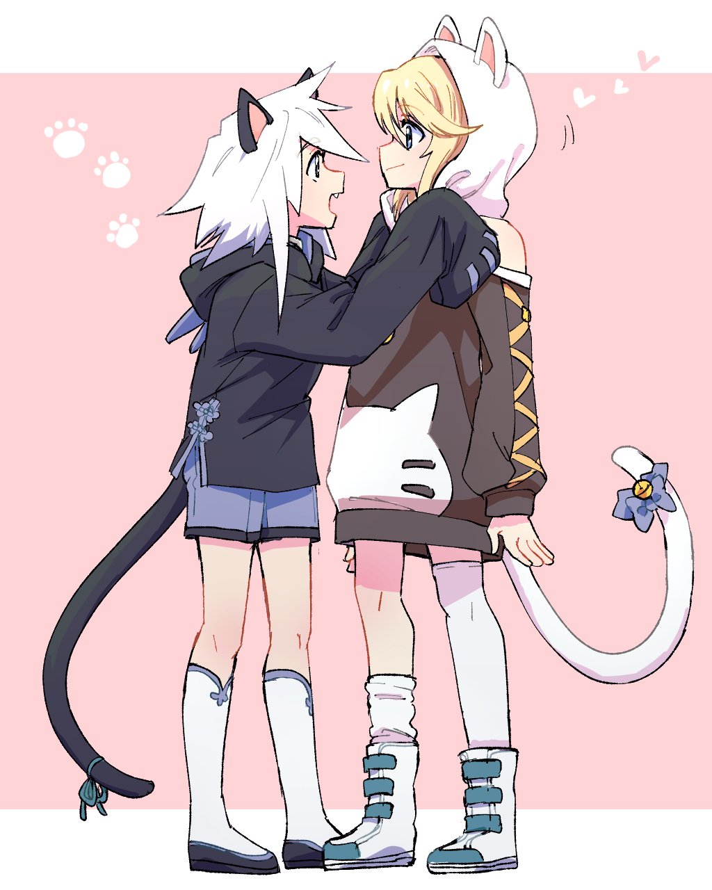 2boys animal_ears animal_hood animal_print asymmetrical_legwear azuma_yukihiko bare_shoulders bell black_hoodie blonde_hair blue_eyes blue_shorts brown_hoodie cat_boy cat_ears cat_hood cat_print cat_tail child cross-laced_clothes cross-laced_sleeves detached_sleeves fang full_body genius_sage highres hood hood_up hoodie jingle_bell long_sleeves looking_at_another male_focus medium_hair mithos_yggdrasill multiple_boys shorts sleeves_past_fingers sleeves_past_wrists standing tail tail_ornament tales_of_(series) tales_of_symphonia thighhighs trap white_footwear white_hair white_thighhighs yaoi