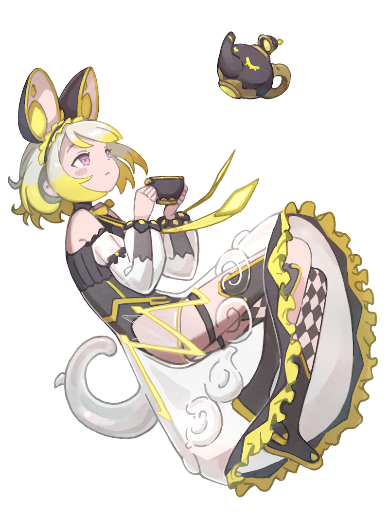 1girl animal_ears asymmetrical_legwear black_leotard checkered_clothes checkered_legwear closed_mouth cup dress frilled_hairband frills hairband holding holding_cup ishii_(young-moon) leotard long_sleeves looking_at_viewer maliss_&lt;p&gt;_dormouse mouse_ears mouse_girl multicolored_hair pink_eyes see-through_clothes see-through_skirt see-through_sleeves short_hair simple_background skirt solo teacup teapot thigh_strap two-tone_hair white_background yu-gi-oh!