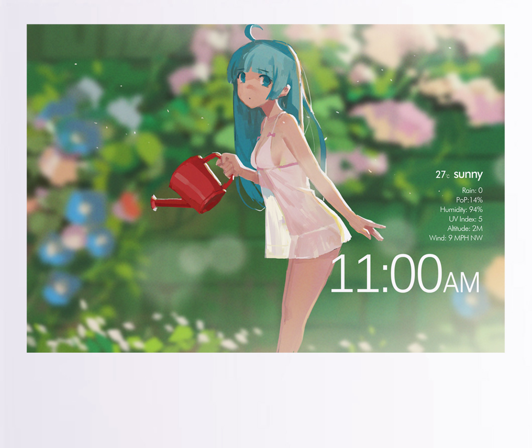 1girl ahoge babydoll blue_eyes blue_hair female_focus flower garden hjl long_hair looking_at_viewer matching_hair/eyes original panties see-through_clothes sketch solo time underwear underwear_only watering watering_can white_panties