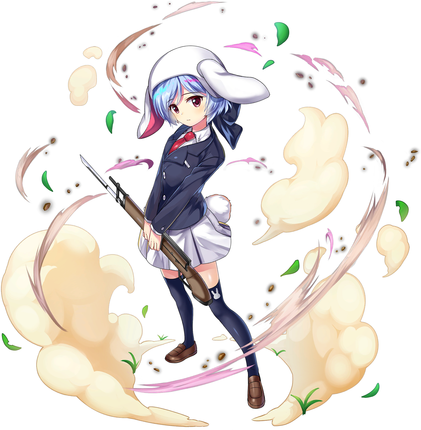 1girl animal_ears animal_print black_jacket black_thighhighs blazer blue_hair brown_shoes closed_mouth collared_shirt dust_cloud full_body game_cg gun helmet highres holding holding_weapon jacket loafers long_sleeves looking_at_viewer necktie official_art print_thighhighs rabbit_ears rabbit_girl rabbit_print rabbit_tail red_eyes red_necktie reisen_(touhou_bougetsushou) rifle rotte_(1109) shirt shoes short_hair skirt solo tail thighhighs third-party_source touhou touhou_lostword transparent_background weapon white_helmet white_shirt white_skirt