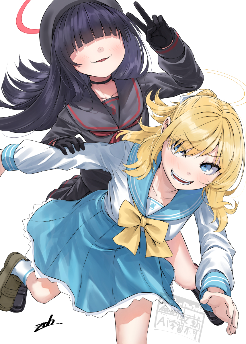 2girls beret black_gloves black_hat black_sailor_collar black_serafuku black_skirt blonde_hair blue_archive blue_eyes blue_sailor_collar blue_skirt bow bowtie commentary_request faceless faceless_female gloves hair_over_eyes halo hat highres justice_task_force_member_(blue_archive) long_hair long_sleeves multiple_girls neckerchief red_halo red_neckerchief sailor_collar school_uniform serafuku skirt trinity_student_(blue_archive) watermark yellow_bow yellow_bowtie zombie_mogura