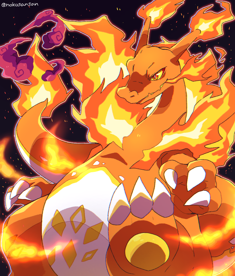 artist_name charizard claws cloud colored_sclera colored_skin dragon fire gen_1_pokemon gigantamax gigantamax_charizard nintendo no_humans orange_eyes orange_skin pokemon pokemon_(creature) roku_(rokkrn) slit_pupils solo yellow_sclera