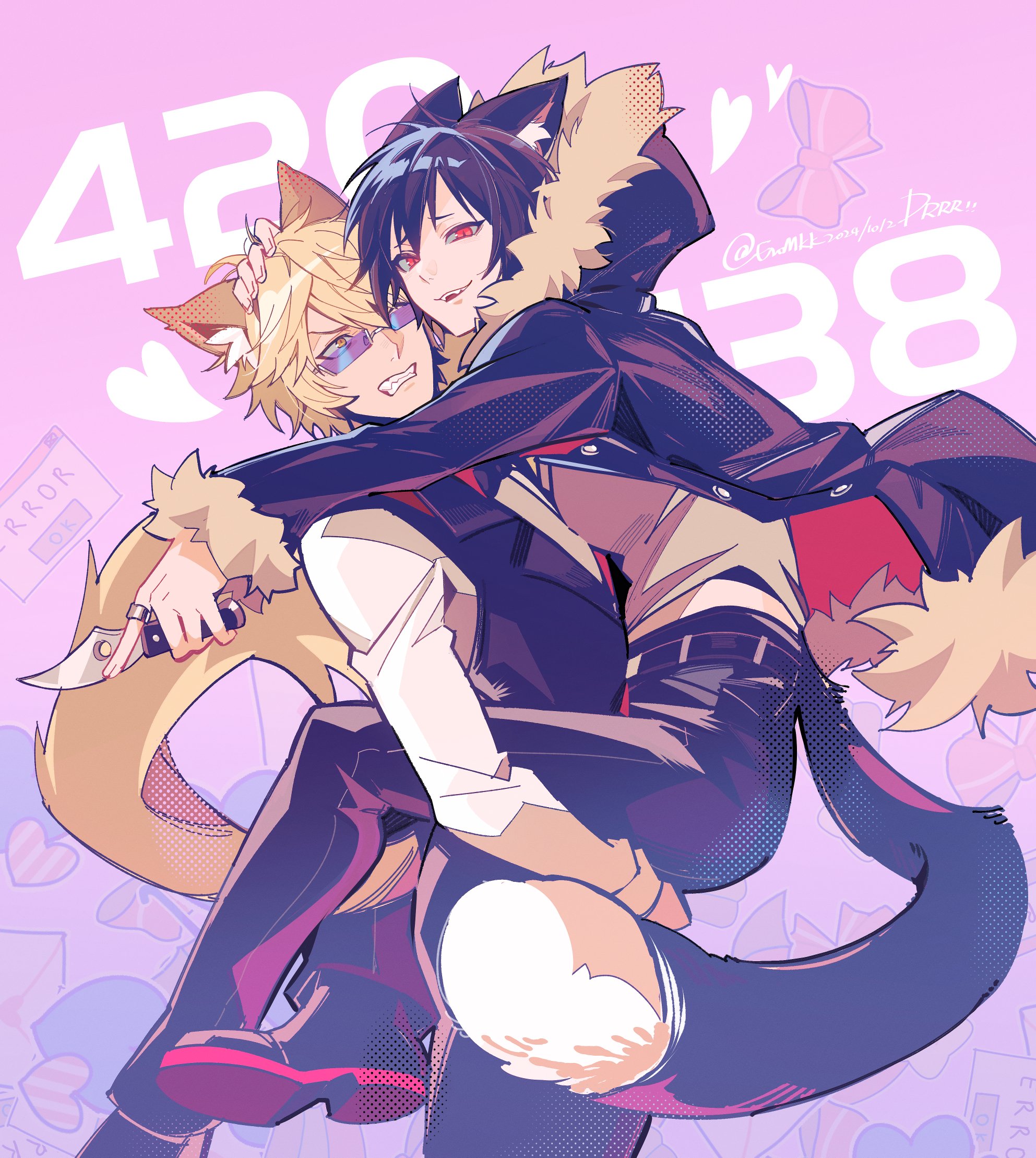 alternate_costume animal_ear_fluff animal_ears belt black_belt black_hair black_jacket black_pants black_vest blonde_hair blue-tinted_eyewear bow bowtie carrying carrying_person cat_boy cat_ears cat_tail clenched_teeth copyright_name dog_boy dog_ears dog_tail dress_shirt durarara!! eromkk feet_out_of_frame fur-trimmed_hood fur-trimmed_jacket fur-trimmed_sleeves fur_trim halftone hand_on_another's_face heart heiwajima_shizuo highres holding holding_knife holding_weapon hood jacket kemonomimi_mode knife lapels leg_lock long_sleeves looking_at_another midriff notched_lapels orange_eyes orihara_izaya pants parted_bangs pink_background pink_bow red_eyes shirt shoes short_hair smile tail teeth tinted_eyewear twitter_username vest weapon white_shirt