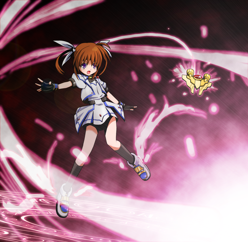 00s 1girl alternate_costume alternate_weapon feathers female_focus fingerless_gloves gloves lyrical_nanoha magic_circle magical_girl mahou_shoujo_lyrical_nanoha mahou_shoujo_lyrical_nanoha_a&#039;s mahou_shoujo_lyrical_nanoha_strikers octagram purple_eyes raising_heart raising_heart_(blaster_bit) red_hair shoes solo takamachi_nanoha takamachi_nanoha_(aggressor_mode) totsuki_tooka twintails weapon winged_footwear wings