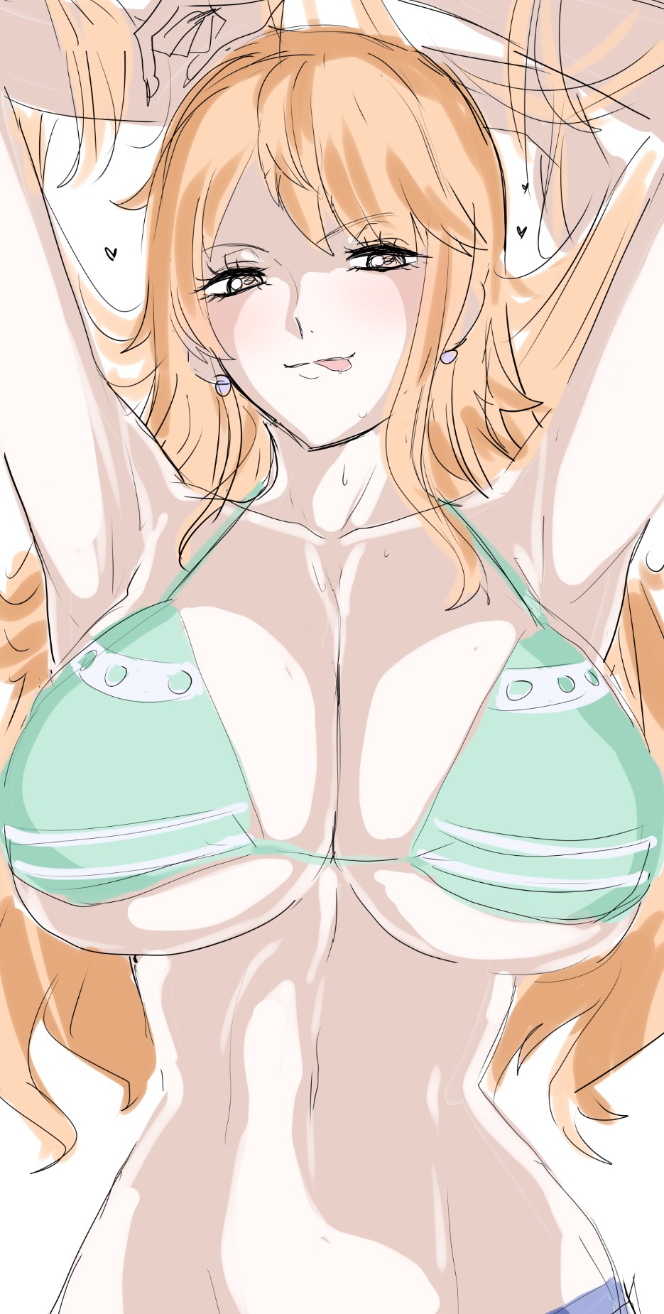 1girl armpits arms_up bare_arms bikini bikini_top_only blue_pants breasts brown_eyes cleavage closed_mouth collarbone commentary_request denim earrings eyelashes green_bikini halterneck heart highres jeans jewelry large_breasts light_blush long_hair looking_at_viewer midriff mogi_yasunobu nami_(one_piece) narrow_waist navel one_piece orange_hair pants pearl_earrings single_sidelock sketch solo sweatdrop swimsuit tongue tongue_out underboob upper_body wavy_hair