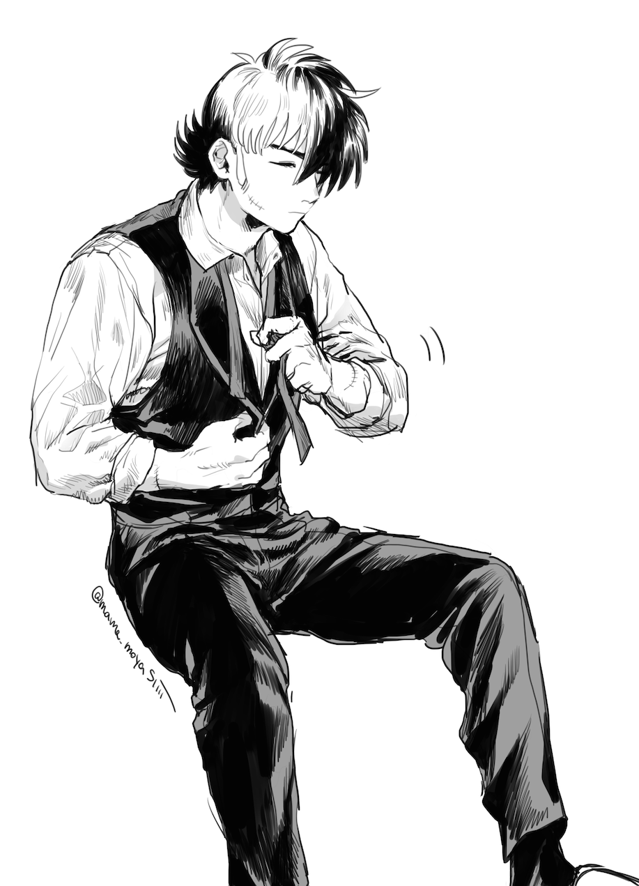 1boy black_hair black_jack_(character) black_jack_(series) black_pants black_socks black_vest closed_eyes closed_mouth collared_shirt highres male_focus mame_moyashi monochrome mullet multicolored_hair pants scar shirt sideburns slippers socks stitched_arm stitched_face stitches thick_eyebrows two-tone_hair tying_bowtie unbuttoned unbuttoned_shirt vest white_hair white_shirt