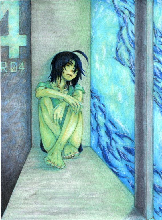 1boy ahoge aquarium bakugan bakugan_new_vestroia bare_legs barefoot black_hair blue_theme fish kazami_shun komekko33 male_focus painting_(medium) short_hair shorts sitting solo traditional_media water watercolor_(medium)