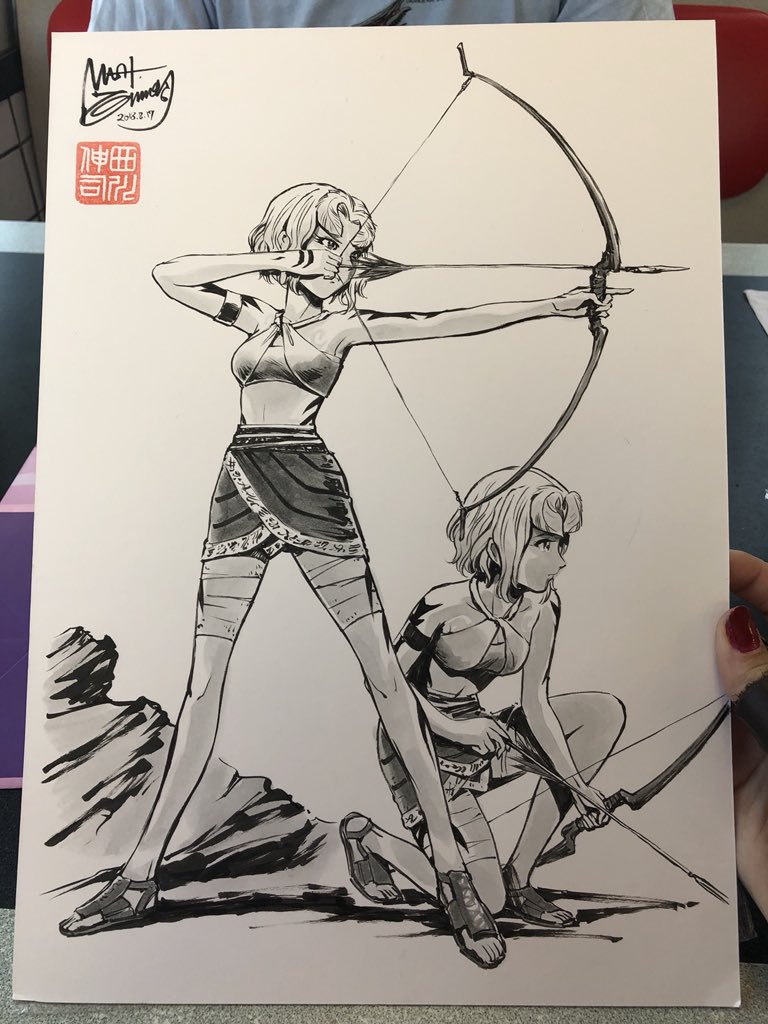 2girls archery arrow_(projectile) bow_(weapon) godzilla_(series) greyscale houtua maina miana monochrome multiple_girls nishikawa_shinji short_hair siblings sisters tribal twins weapon