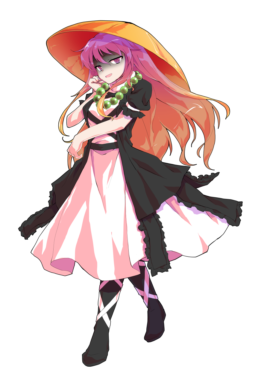 1girl ajirogasa bead_necklace beads black_boots boots dairi dress full_body gradient_hair hat highres hijiri_byakuren jewelry looking_at_viewer multicolored_hair necklace prayer_beads puffy_short_sleeves puffy_sleeves purple_eyes purple_hair shaded_face short_sleeves smile solo tachi-e touhou two-tone_hair white_dress