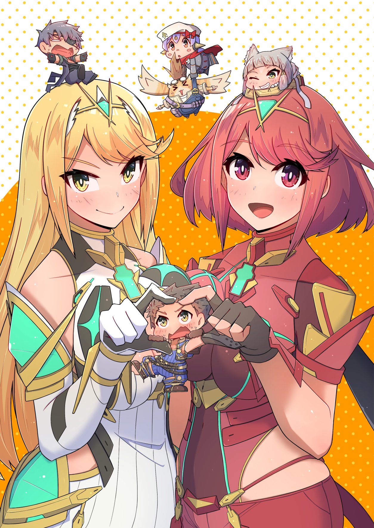 3boys 4girls breasts chibi highres large_breasts multiple_boys multiple_girls mythra_(xenoblade) nia_(xenoblade) osora_(judithandlilith) poppi_(xenoblade) poppi_alpha_(xenoblade) pyra_(xenoblade) rex_(xenoblade) xenoblade_chronicles_(series) xenoblade_chronicles_2 zeke_von_genbu_(xenoblade)