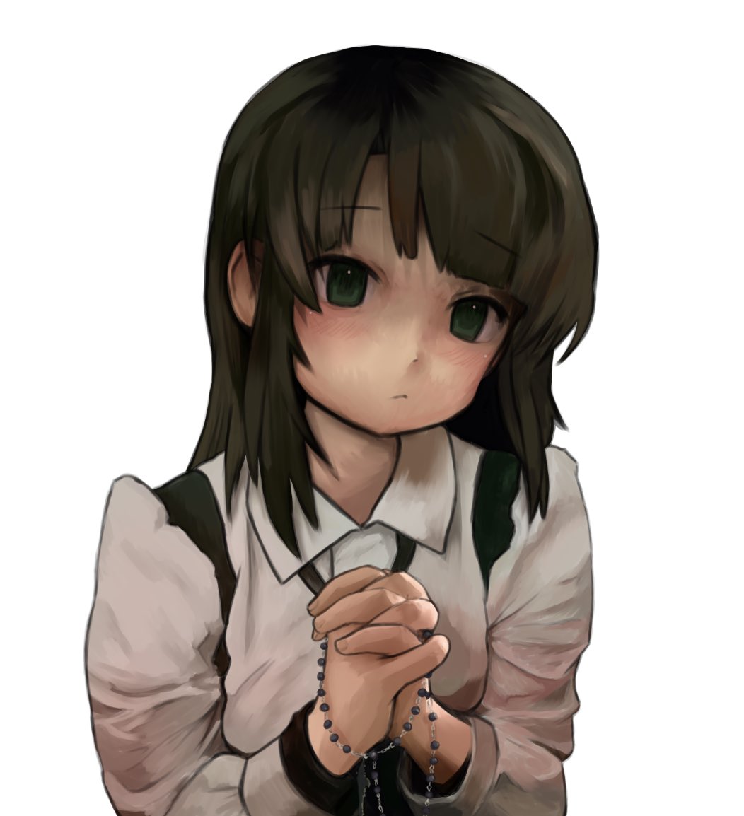 1girl black_hair collar collared_shirt cross cross_necklace eyebrows_hidden_by_hair green_eyes holding holding_rosary jewelry light_blush medium_hair necklace original own_hands_clasped own_hands_together rosary shirt shoulder_strap white_background white_shirt zoolpal