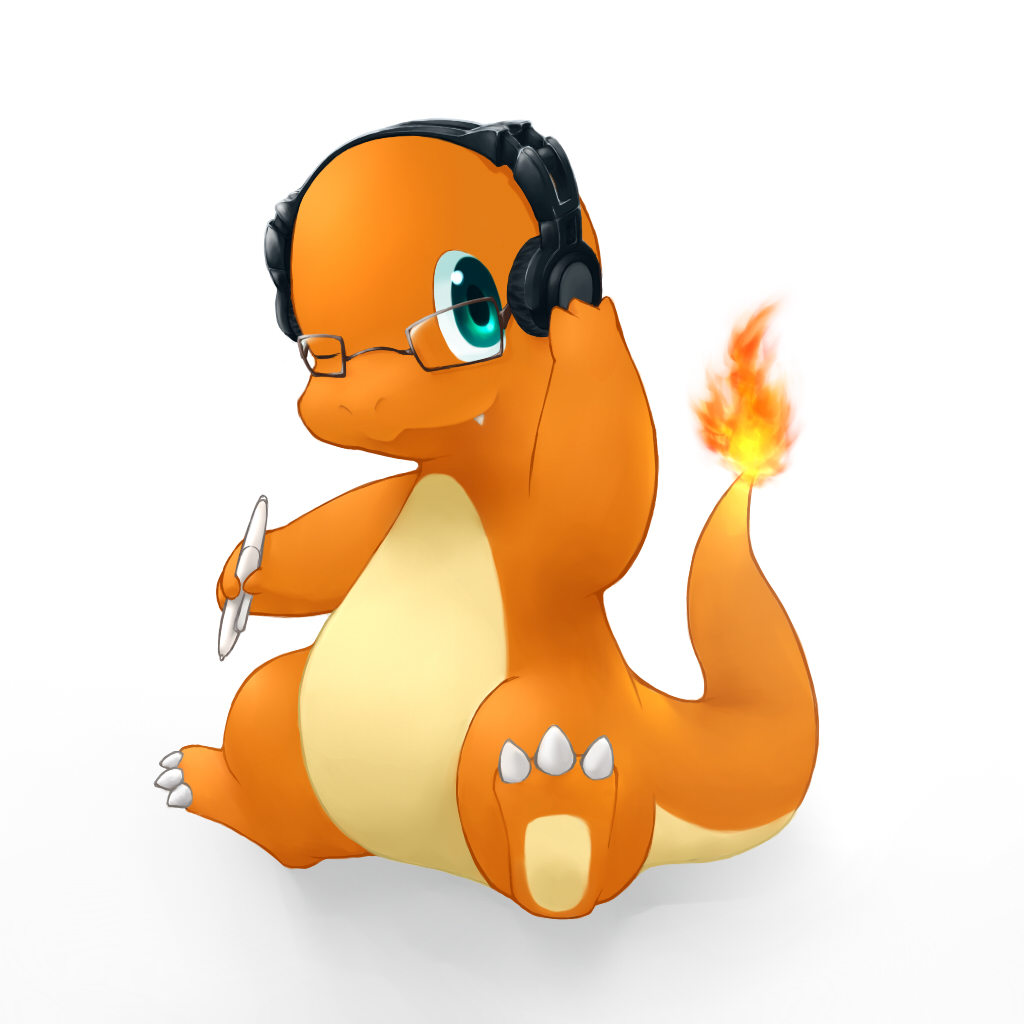 animal_focus bespectacled charmander claws closed_mouth clothed_pokemon fang fire flame-tipped_tail full_body gen_1_pokemon glasses green_eyes havintail headphones holding holding_pen looking_at_viewer nintendo no_humans nostrils pen pokemon pokemon_(creature) simple_background sitting smile solo tail white_background