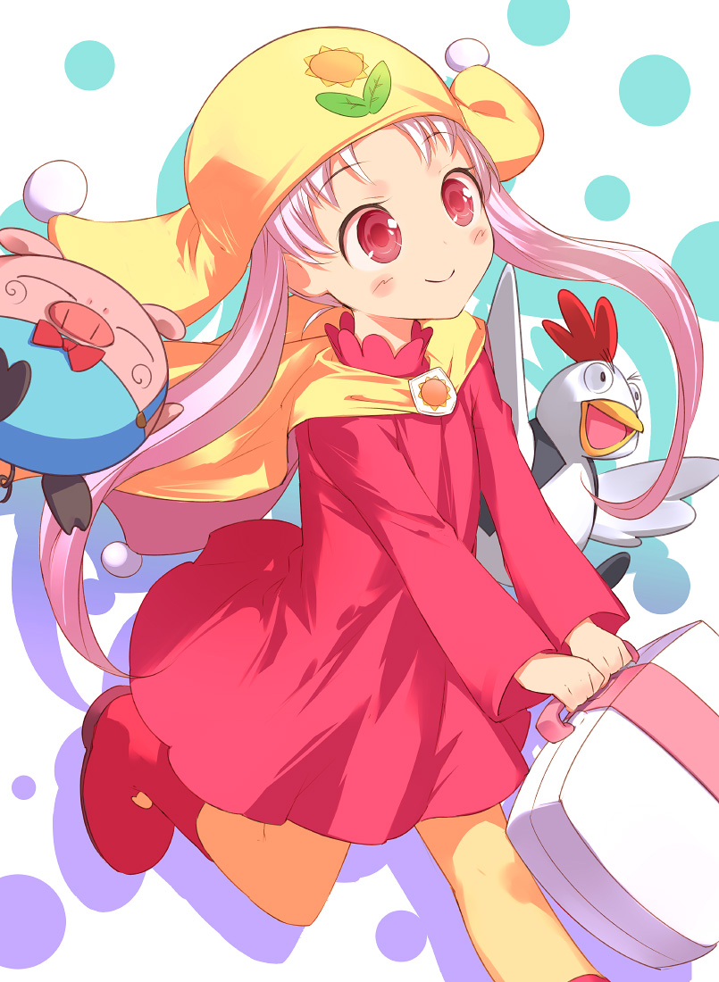 1990s_(style) araessa bird blush cape chicken dress hat long_hair pantyhose pig pink_hair princess_silver red_eyes retro_artstyle suitcase sutonsuton twintails uni_(plastic_girl) yume_no_crayon_oukoku
