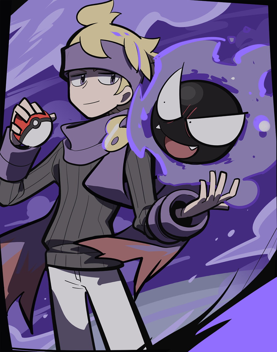 1boy black_sweater blonde_hair closed_mouth fangs game_freak gastly gen_1_pokemon headband holding holding_poke_ball looking_at_viewer male_focus morty_(pokemon) nintendo pants poke_ball poke_ball_(basic) pokemon pokemon_(creature) pokemon_hgss purple_eyes purple_headband ribbed_sweater sameyama_jiro sweater white_pants