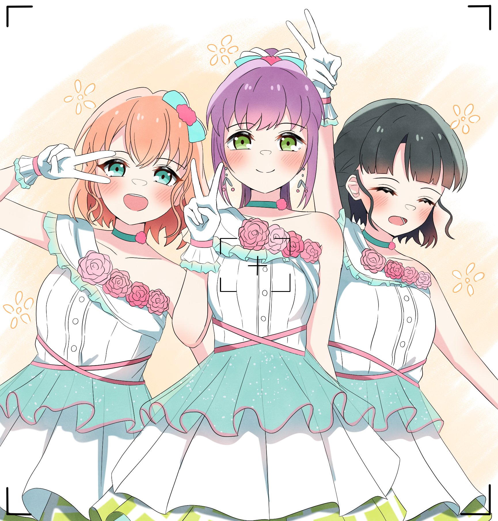 3girls 4th_live_dream_~bloom_the_dream_believers~ :d ^_^ aqua_choker aqua_eyes arm_up black_hair blue_bow blunt_bangs blush bow braid cerise_bouquet choker closed_eyes closed_mouth commentary cowboy_shot dress flower flower-trimmed_dress flower_choker frilled_dress frills green_eyes hair_bow half_up_braid highres hinoshita_kaho katanashi_(ktnsh_popu) link!_like!_love_live! long_hair looking_at_viewer love_live! medium_hair momose_ginko multiple_girls open_mouth orange_hair otomune_kozue pink_flower pink_rose ponytail purple_hair rose short_hair sidelocks simple_background smile split_mouth straight-on v v_over_eye viewfinder virtual_youtuber white_dress yellow_background