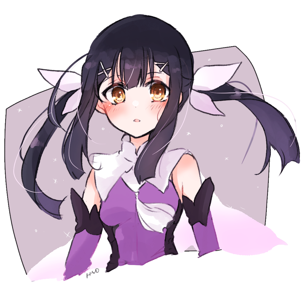 1girl artist_name bare_shoulders black_hair blush breasts commentary_request cropped_torso detached_sleeves fate/kaleid_liner_prisma_illya fate_(series) hair_between_eyes hair_ornament hair_ribbon hairclip leotard long_hair looking_at_viewer magical_girl miyu_edelfelt miyu_edelfelt_(magical_girl) open_mouth purple_leotard purple_sleeves ribbon saihara sidelocks small_breasts solo twintails upper_body white_ribbon yellow_eyes