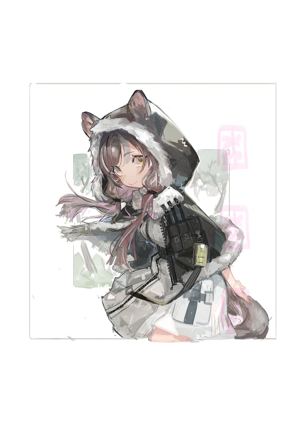 1girl animal_ear_fluff animal_ears arm_behind_back black_capelet breasts brown_eyes brown_hair capelet closed_mouth commentary_request copyright_request dress fur-trimmed_capelet fur-trimmed_hood fur_trim highres hood hood_up hooded_capelet long_hair looking_at_viewer low_twintails medium_breasts pipidan solo tail twintails white_background white_dress