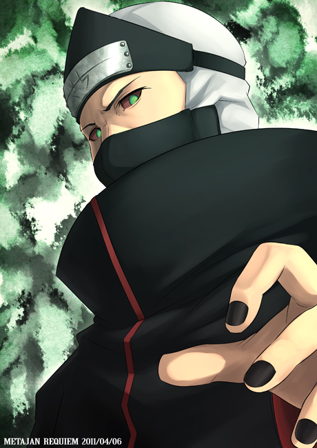 1boy akatsuki_uniform black_nails colored_sclera covered_mouth dated forehead_protector green_eyes k-suwabe kakuzu_(naruto) male_focus mask mouth_mask nail_polish naruto_(series) naruto_shippuuden ninja solo takigakure_symbol