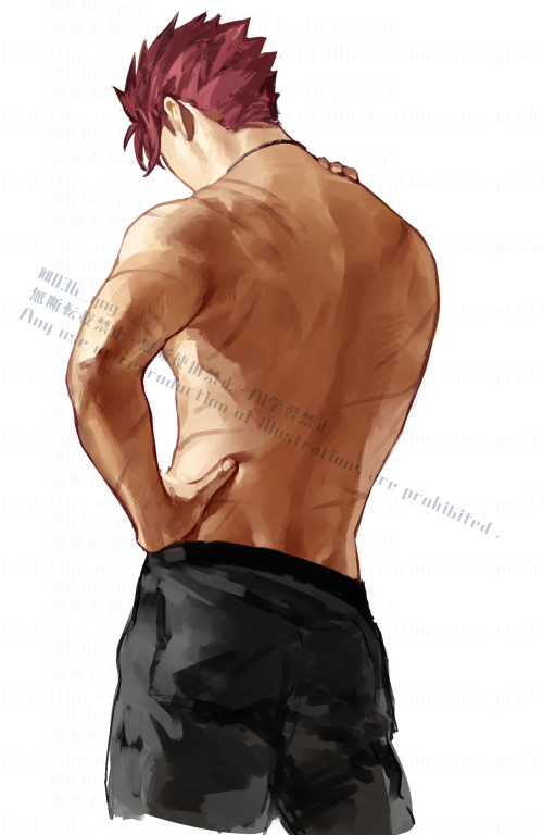 1boy black_pants commentary_request hand_on_own_hip hand_up head_down lance_(pokemon) male_focus multiple_scars nintendo pants pokemon pokemon_hgss red_hair scar short_hair simple_background solo topless_male watermark white_background y_(036_yng)