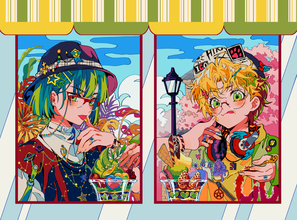 2boys banana banana_slice bishounen black-framed_eyewear black_hat black_vest blonde_hair blue_sky blunt_ends bowler_hat bracelet brown_hair cherry_blossoms chinese_commentary cinnamon_stick closed_mouth collared_shirt commentary_request day double-parted_bangs eating eyelashes food fruit glasses grass green_eyes green_hair green_jacket green_sleeves hair_ornament hairclip hand_on_another&#039;s_cheek hand_on_another&#039;s_face hat headphones headphones_around_neck heart hikaru_no_go holding holding_spoon hood hood_down hoodie hun_(endlesslovehikaru) ice_cream ice_cream_cone jacket jewelry lamppost licking licking_finger licking_lips light_blush long_sleeves looking_at_viewer male_focus multicolored_hair multiple_boys multiple_bracelets newsboy_cap open_clothes open_jacket outdoors paw_print paw_print_pattern pentagram reaching round_eyewear shindou_hikaru shirt short_hair sky sleeves_past_wrists spoon star_(symbol) star_hair_ornament sticker streetwear sundae tongue tongue_out touya_akira tree two-tone_hair two-tone_headwear upper_body vest waffle_cone white_hat white_shirt white_sleeves yellow_hoodie zipper zipper_pull_tab