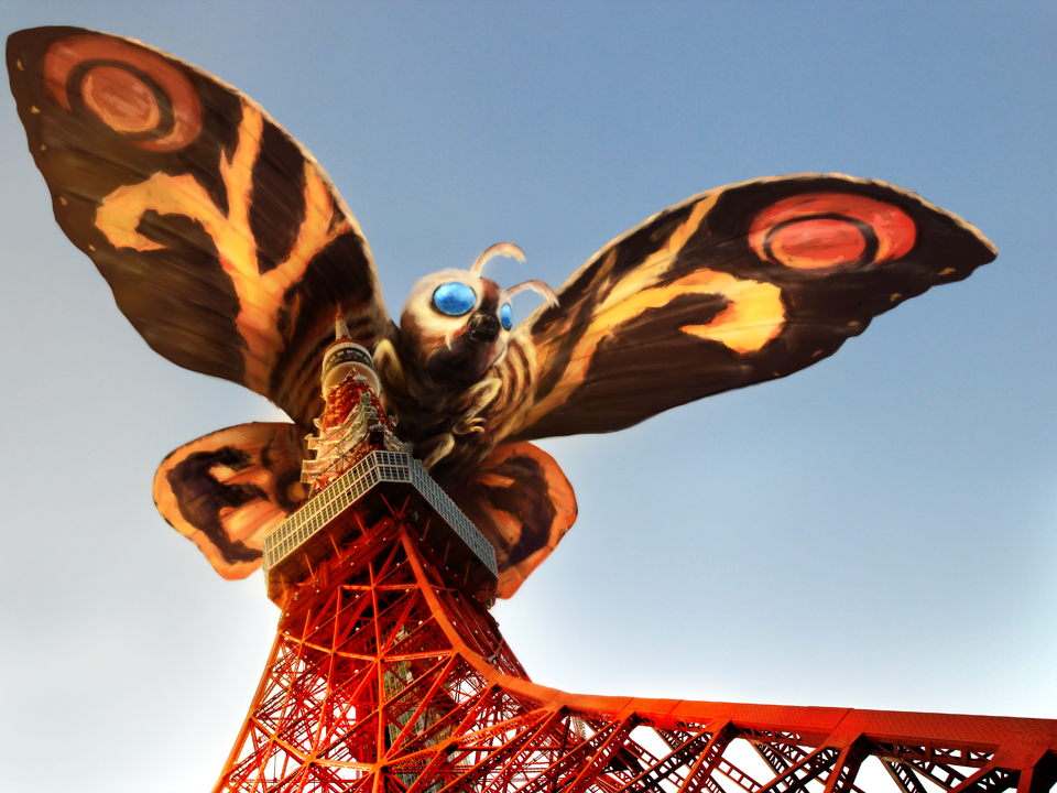 bug day godzilla_(series) insect kaiju moth mothra mothra_(film) mothra_(series) no_humans real_world_location shiitake_mushrooms_(artist) sky toho tokyo_tower wings