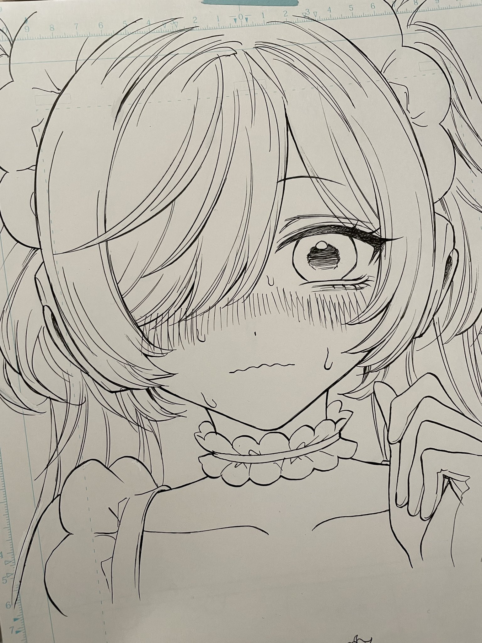 1girl akiyama_enma blush closed_mouth collarbone greyscale hair_over_one_eye highres long_hair looking_at_viewer maid manuscript_paper meruru_(ningen_maid_robot_meruru) monochrome ningen_maid_robot_meruru nose_blush one_eye_closed photo_(medium) solo traditional_media two_side_up unfinished wavy_mouth