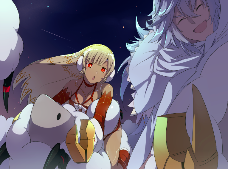 1boy 1girl altera_(fate) altera_the_santa_(fate) bare_shoulders bikini body_markings breasts choker closed_eyes dark-skinned_female dark_skin detached_sleeves earmuffs echo_(circa) fate/grand_order fate_(series) hooded_robe looking_at_viewer medium_breasts meikai_no_merry_christmas merlin_(fate) mittens night night_sky open_mouth outdoors red_bikini red_eyes robe sheep short_hair sky smile swimsuit veil white_hair white_robe zerco_(fate)