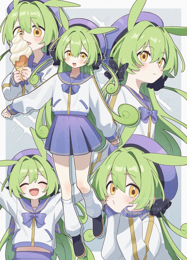 1girl :d ^_^ alternate_costume alternate_hairstyle animal_ears black_shoes blue_bow blue_bowtie blue_hat blue_sailor_collar blue_skirt blush border bow bowtie closed_eyes closed_mouth commentary_request corn_kuten double-parted_bangs food full_body green_hair grey_background hair_between_eyes hat holding holding_food holding_ice_cream ice_cream long_hair long_sleeves multiple_views open_mouth outline outside_border pleated_skirt sailor_collar shirt shoes skirt smile socks standing two_side_up voicevox watermark white_border white_outline white_shirt white_socks yellow_eyes zundamon