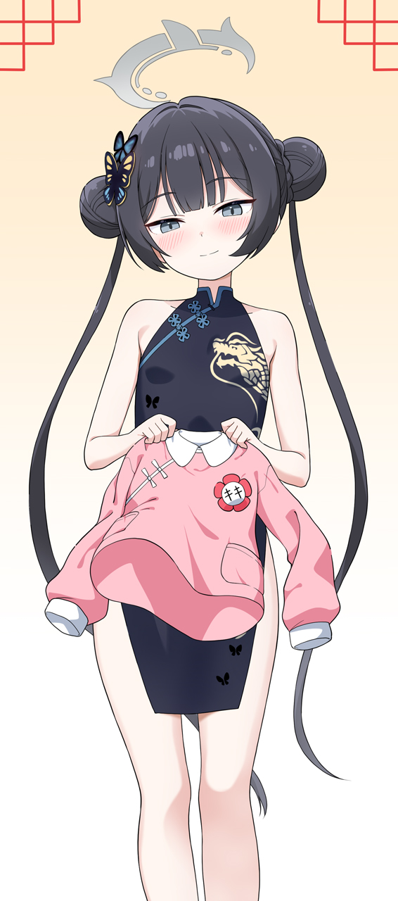 1girl black_dress black_hair blue_archive breasts butterfly_hair_ornament china_dress chinese_clothes closed_mouth dragon_print dress grey_halo hair_ornament halo highres holding_cloth kindergarten_uniform kisaki_(blue_archive) looking_at_viewer sleeveless sleeveless_dress small_breasts smile solo standing thighs twintails yuuma_(skirthike)