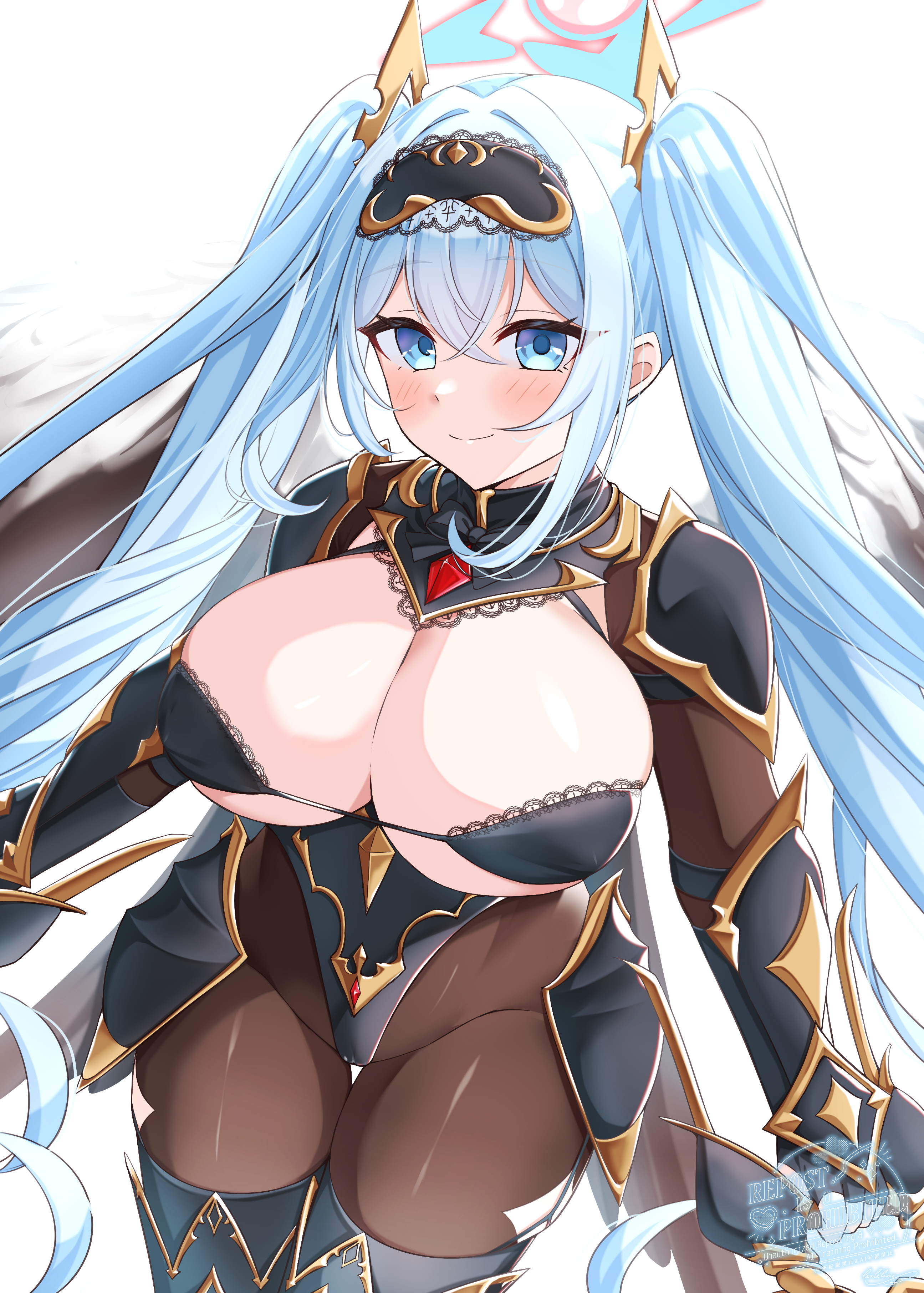 1girl absurdres arm_armor armor armored_leotard black_bow black_bra blue_eyes blue_hair blue_halo blush bodystocking bow bra breasts center_opening cleavage commentary_request gem hair_between_eyes halo headpiece highres holding holding_weapon kakkou40 lace lace-trimmed_bra lace_trim large_breasts leg_armor leotard long_hair looking_at_viewer natasha_(twinkle_star_knights) red_gemstone shoulder_armor simple_background solo standing thighs twinkle_star_knights twintails underwear watermark weapon white_background wings